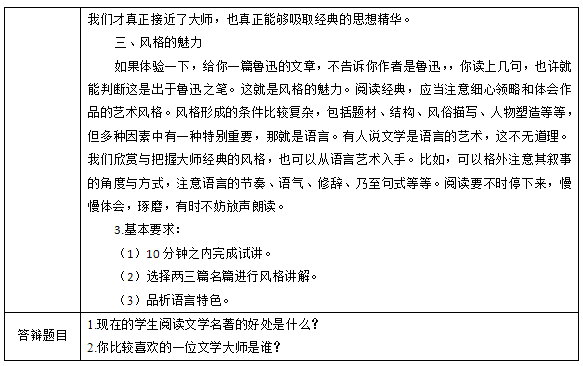 2018上半年高中語文教師資格面試真題及答案：《走近文學(xué)大師》考題回顧2