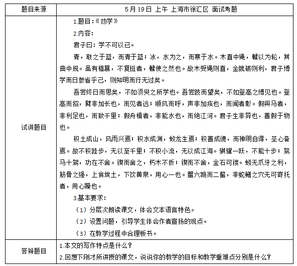 2018上半年高中語文教師資格證面試真題及答案：《勸學(xué)》考題回顧