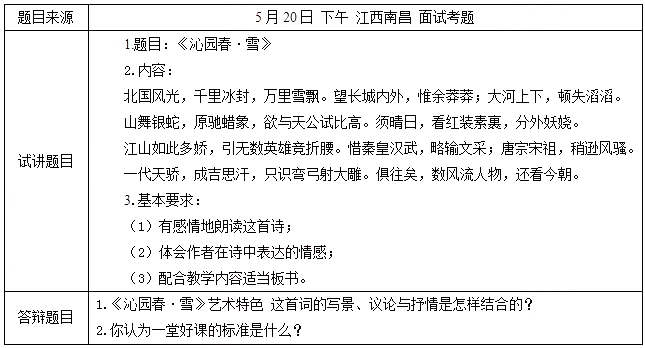 2018上半年初中語文教師資格面試真題及答案：《沁園春·雪》考題回顧